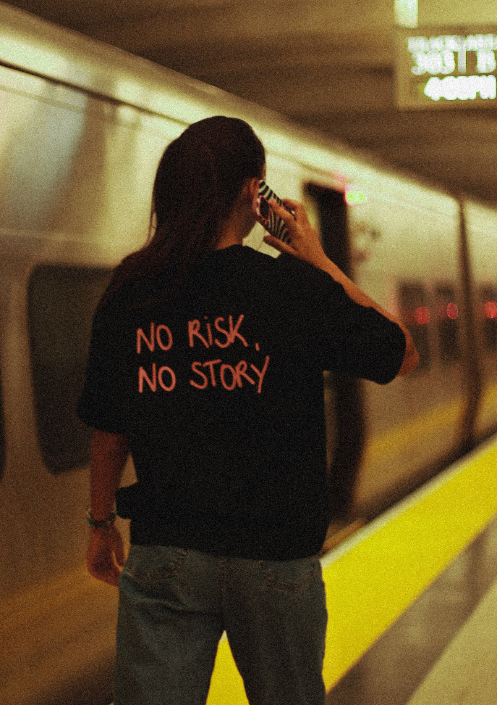 no risk no story pink black background